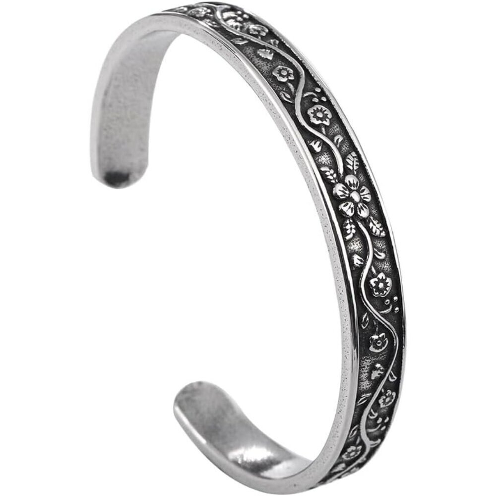 Vintage Floral Cuff Bracelet Stainless Steel Women Elegant Flower Bangle